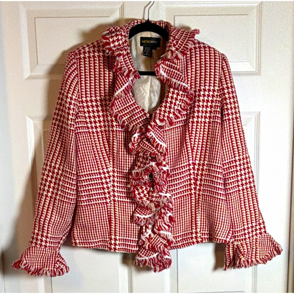 Metrostyle Women's Red White Plaid Fringe Ruffle Button Lined Jacket Size 18